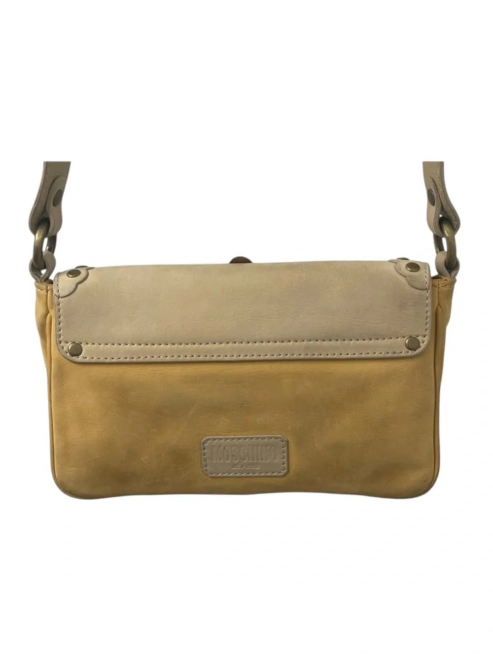 Vintage 90’s: Moschino ♔ Colorblock Studded Flap Shoulder Bag ♔ Yellow Leather